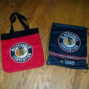 2 Chicago Blackhawks Convention Bags Red Canvas Tote & Black Drawstring Backpack